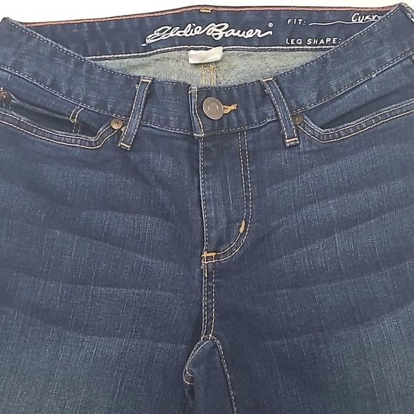 Eddie Bauer Curvy Bootcut Jeans Low Waist Rise Dark Wash Distressed Tall Long - Picture 10 of 17